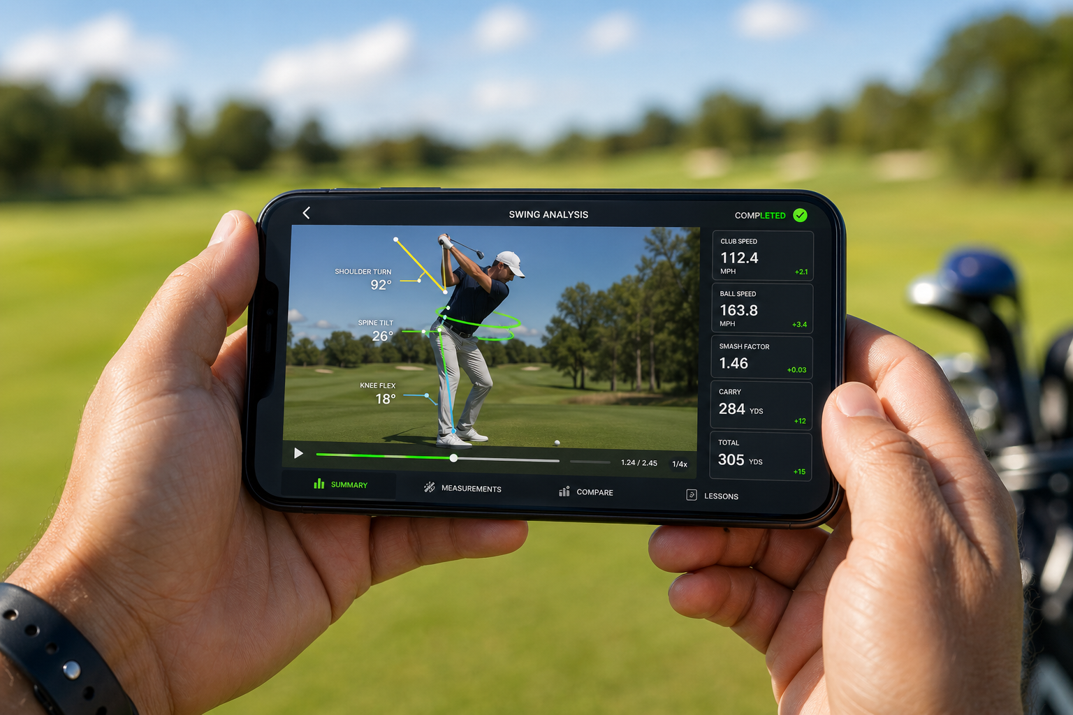 Close-up of smartphone displaying AI golf swing analysis with body alignment lines and performance metrics
