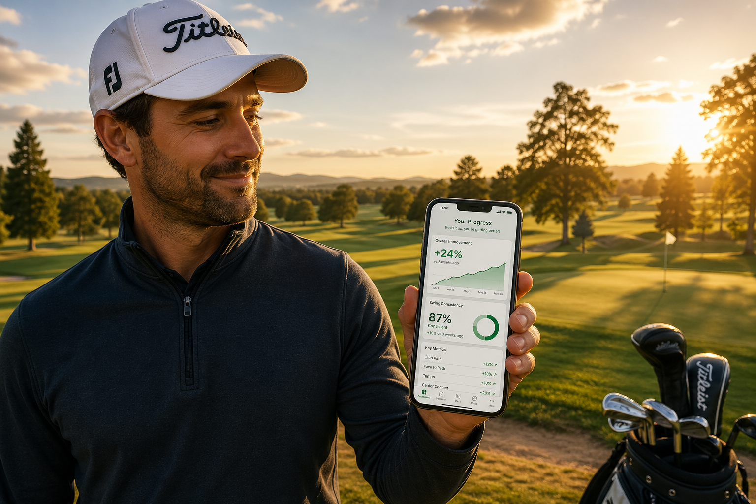Golfer holding a smartphone showing swing improvement progress with charts and performance metrics on a golf course