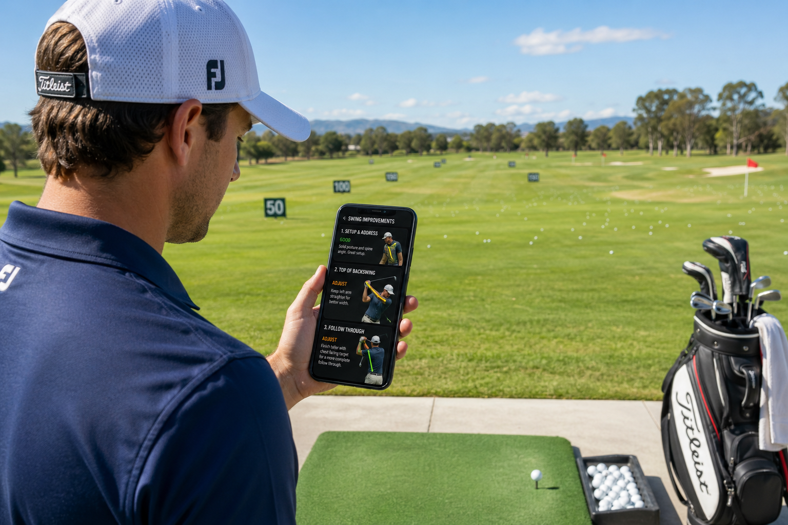 Golfer at a driving range reviewing personalized swing improvement tips on a mobile app