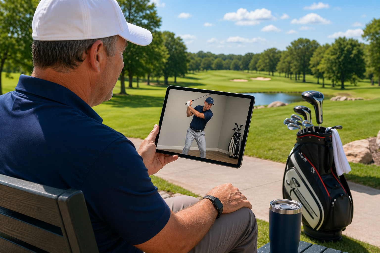 Golfer sitting outdoors using a tablet to watch a professional coach demonstrate swing technique